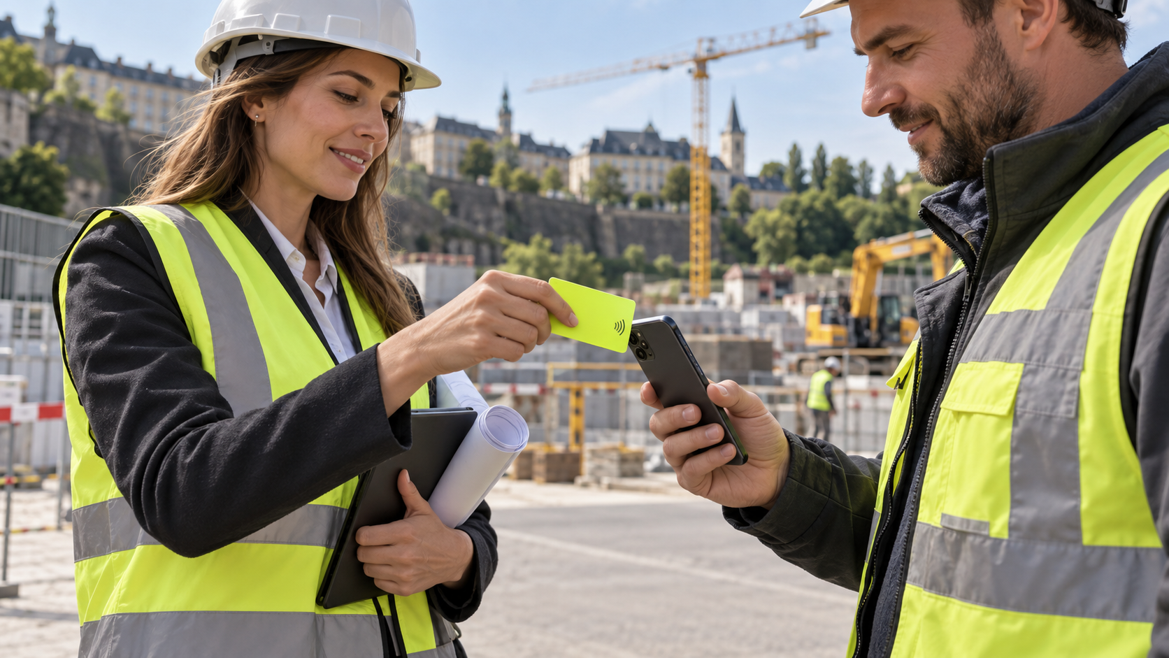 Illustration générée : échange professionnel sur chantier, avec protections individuelles
