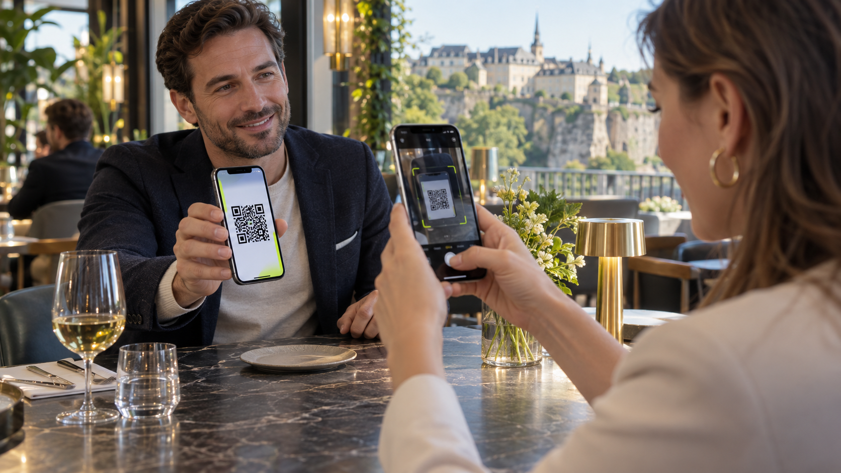 Illustration générée : deux personnes partagent leurs coordonnées par QR au restaurant